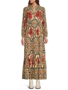 A Loves A Floral Boho V-neck Long Sleeve Button Down Peasant Midi Dress. Large